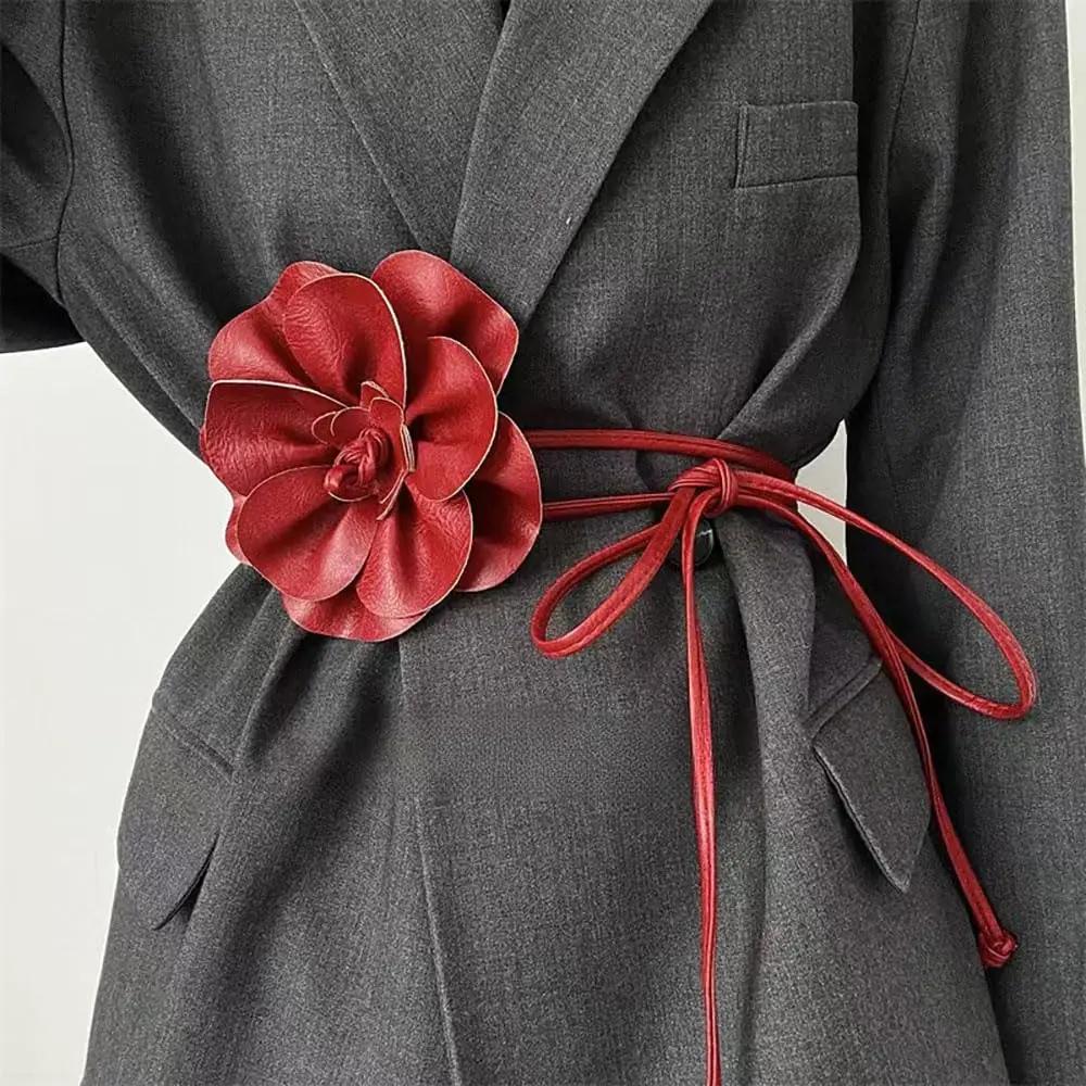 Ceinture de taille bohème en cuir PU – Grande ceinture enveloppante à cravate florale avec nœud pour
