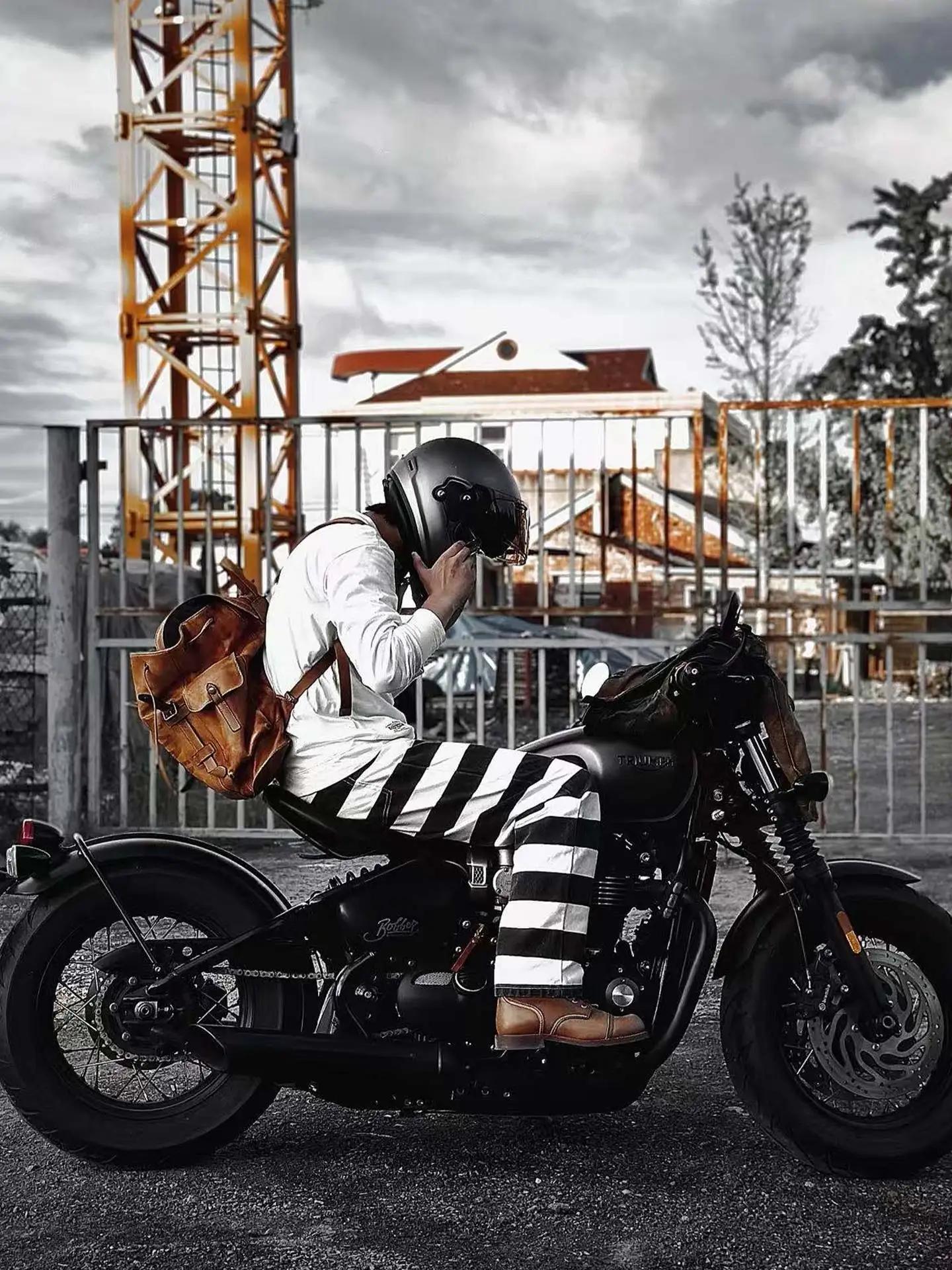 Pantalon de moto en toile lourde pour hommes, rétro américain, rayures noires et blanches, droit, dé