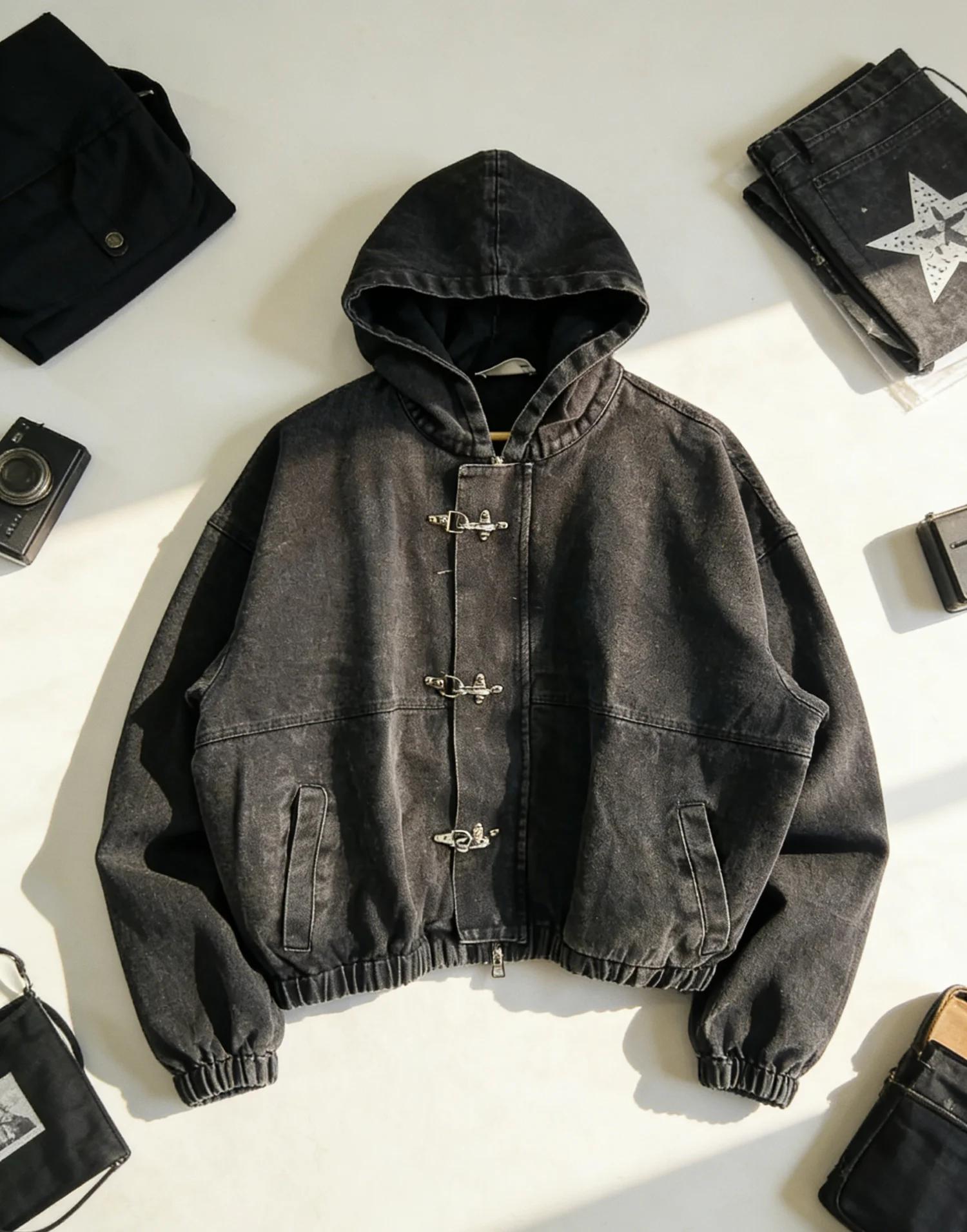 Sweat à capuche oversize Y2K style américain punk hip-hop avec boutons métalliques pour homme, tenda