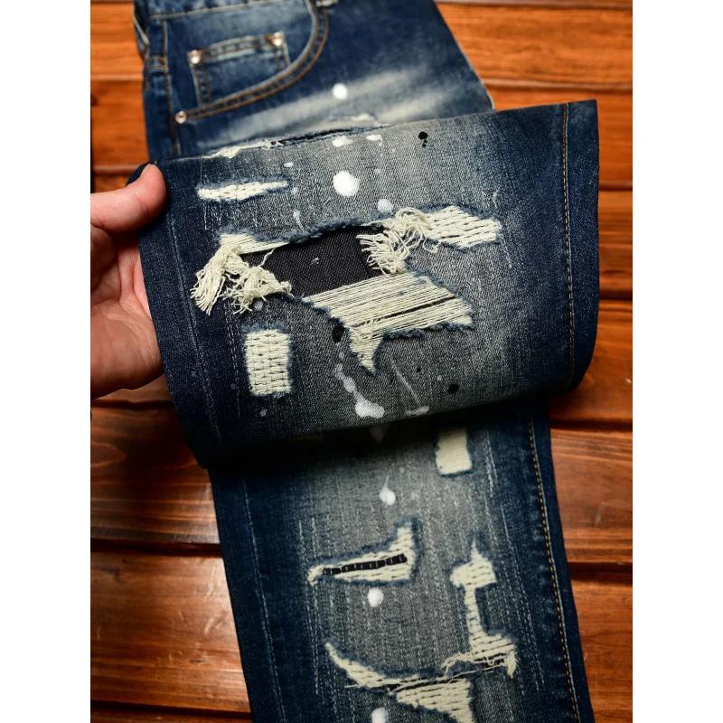 Jean nostalgique haut de gamme pour hommes, coupe slim avec petits trous, patchs grattés, tendance d