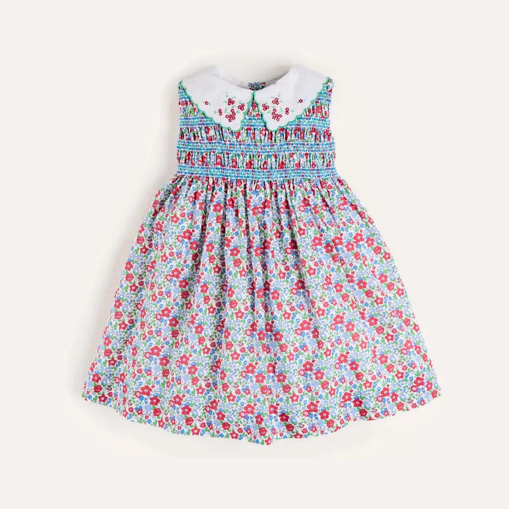 Robe d'été pour fille sans manches de haute qualité avec col brodé de fleurs, couleur rouge, imprimé