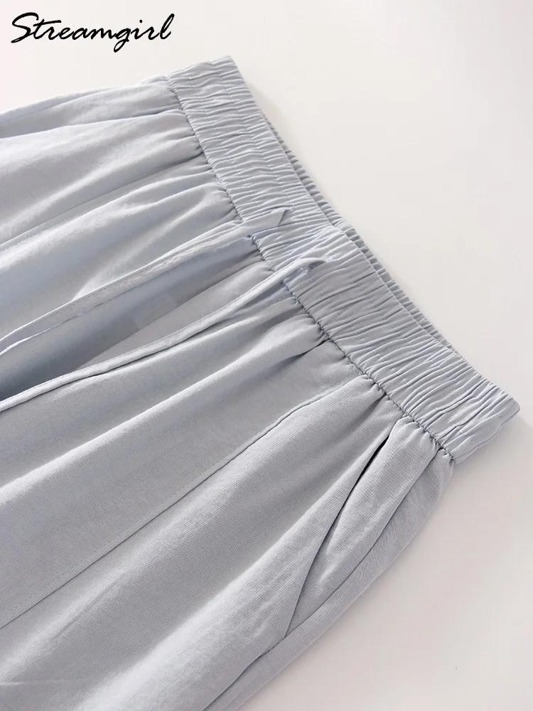 Pantalon d'été en coton pour femmes, coupe large, bleu, avec bande élastique, jambe droite, blanc, a
