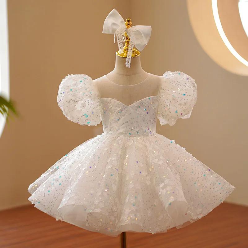 Robe pour enfants blanc gonflé Tulle haut de gamme défilé de mode anniversaire robe de princesse élé