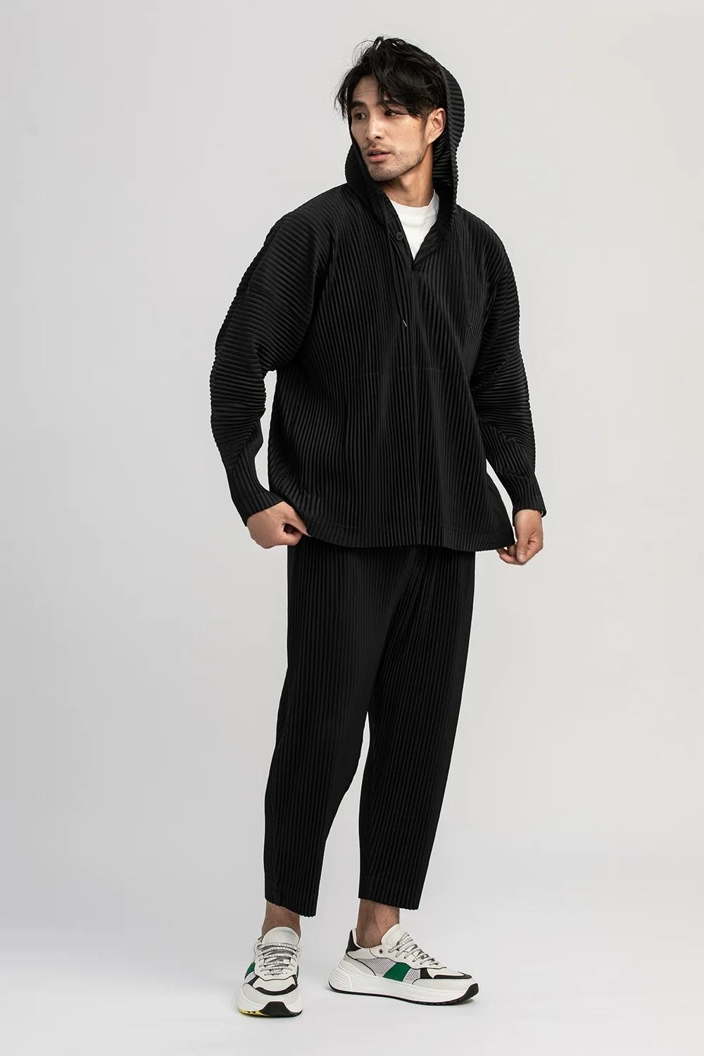 Miyake plissé pantalon droit hommes vêtements noir crayon pantacourt vêtements de rue hommes Style j