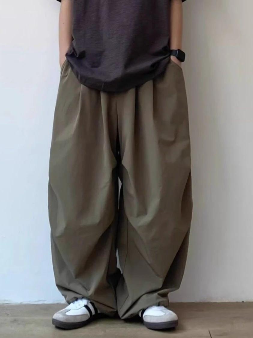 Pantalon décontracté unisexe plissé ample taille élastique coupe droite couleur unie style vintage j