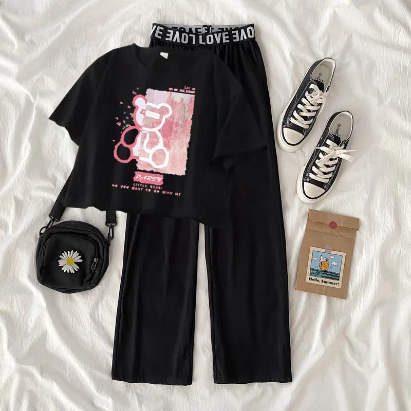 Ensemble de vêtements d'été pour filles de 5 à 14 ans, hauts et pantalons à la mode, ours de dessin 