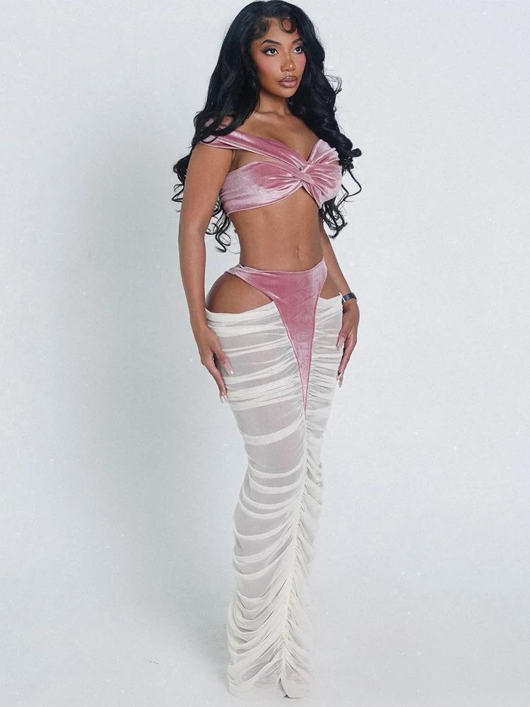 Kliou Sexy De Mode 2 Pièce Ensemble Femme Velours Croix Kink Débardeurs + Creux Conception Froncé Lo