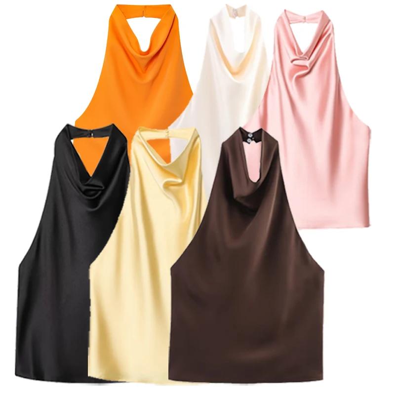 HXAO 2025 femmes Satin haut à licou été noir jaune débardeurs & Camis épaules nues débardeur court m