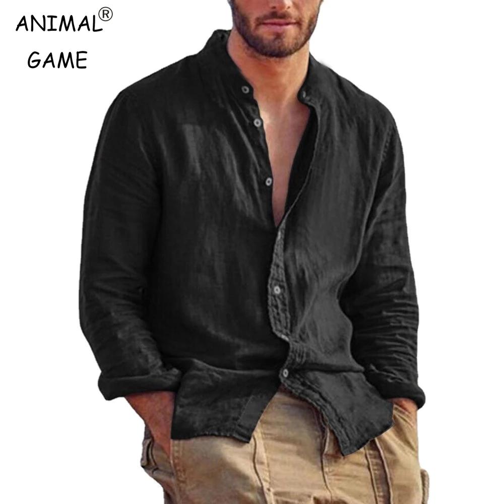 Sweat-shirt à manches longues pour hommes, chemise en lin de couleur unie, tendance, col montant, dé