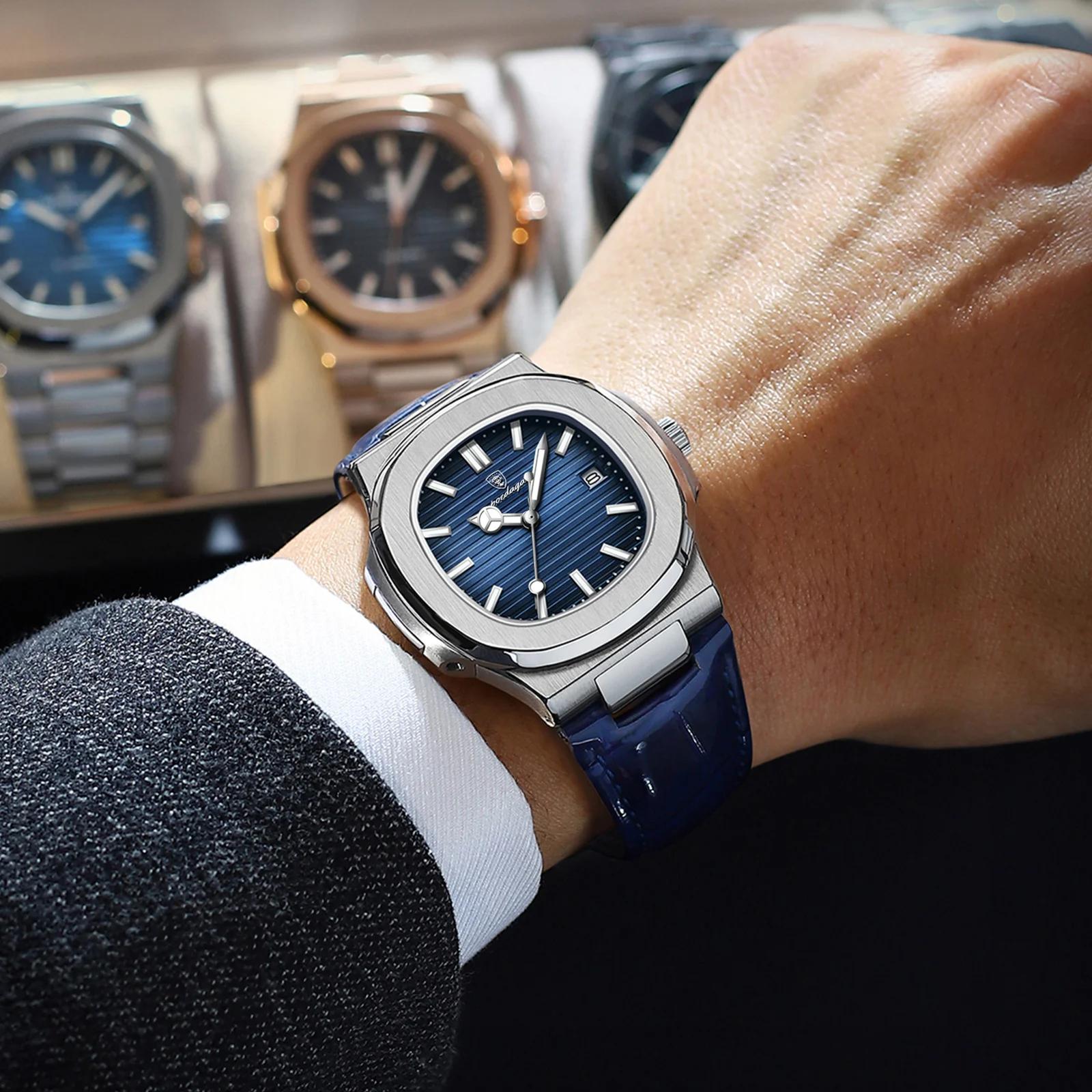 POEDAGAR haut de gamme carré homme montre Date étanche lumineux hommes montre-bracelet de haute qual