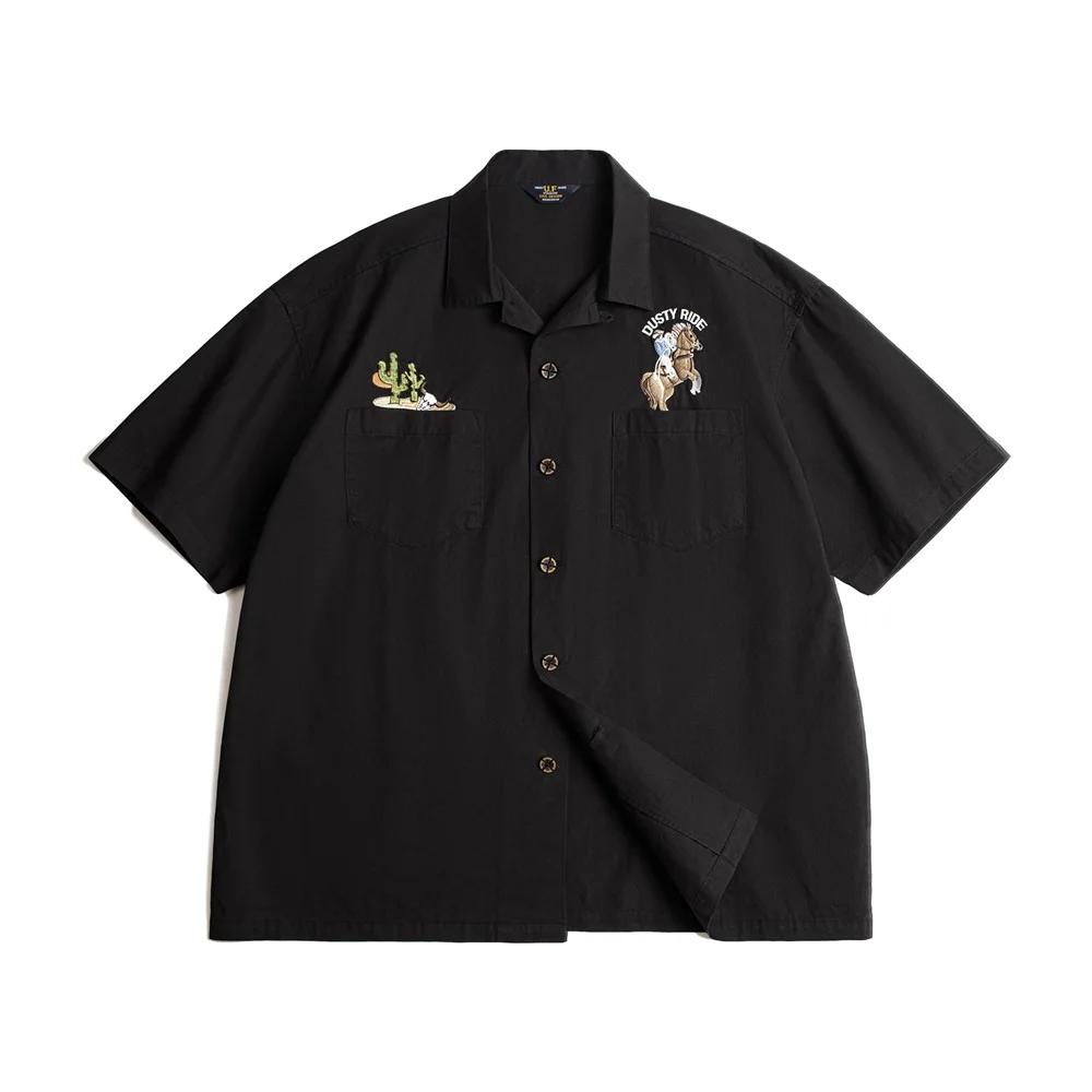 Chemise Maden pour homme, style rétro, col cubain, en coton noir, manches courtes, broderie, chemise