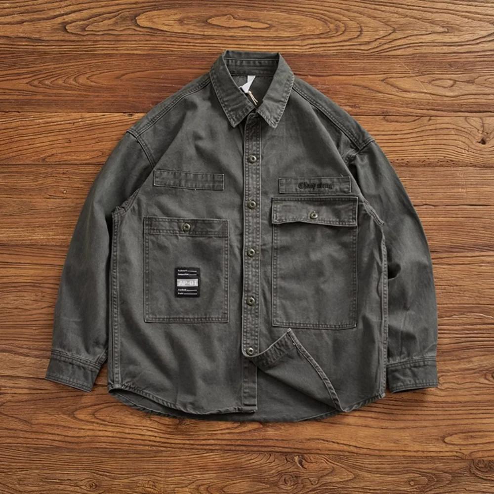 Chemise rapcargo à manches longues pour hommes, chemise rétro pour hommes, pur coton, manteau décont