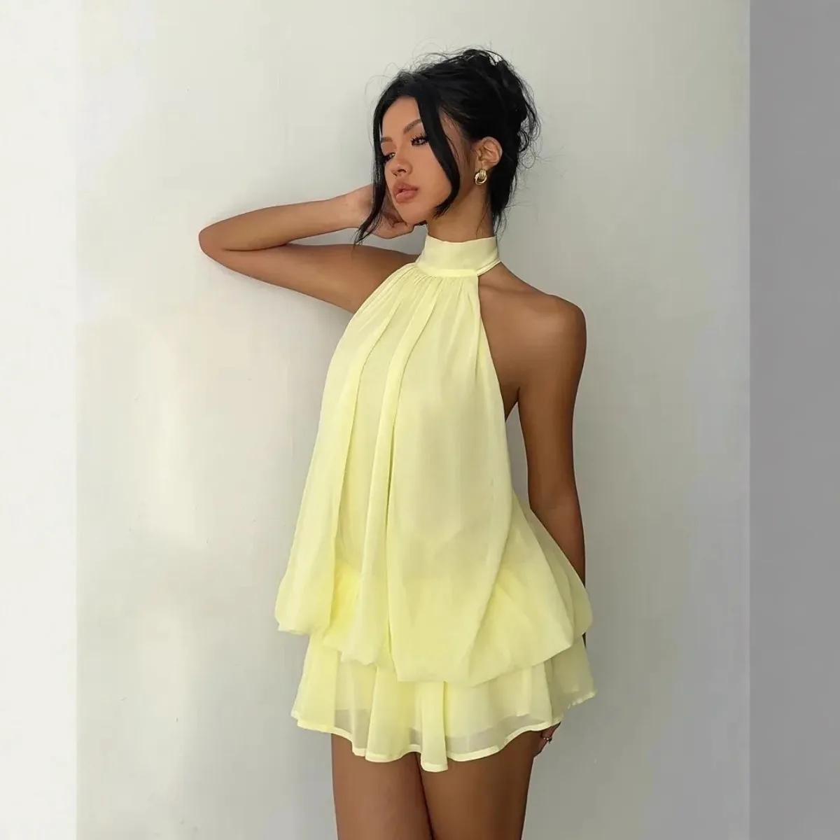 Robe licou pour femme, dos nu, en mousseline transparente, mini-jupe à nouer devant, robe de soirée 