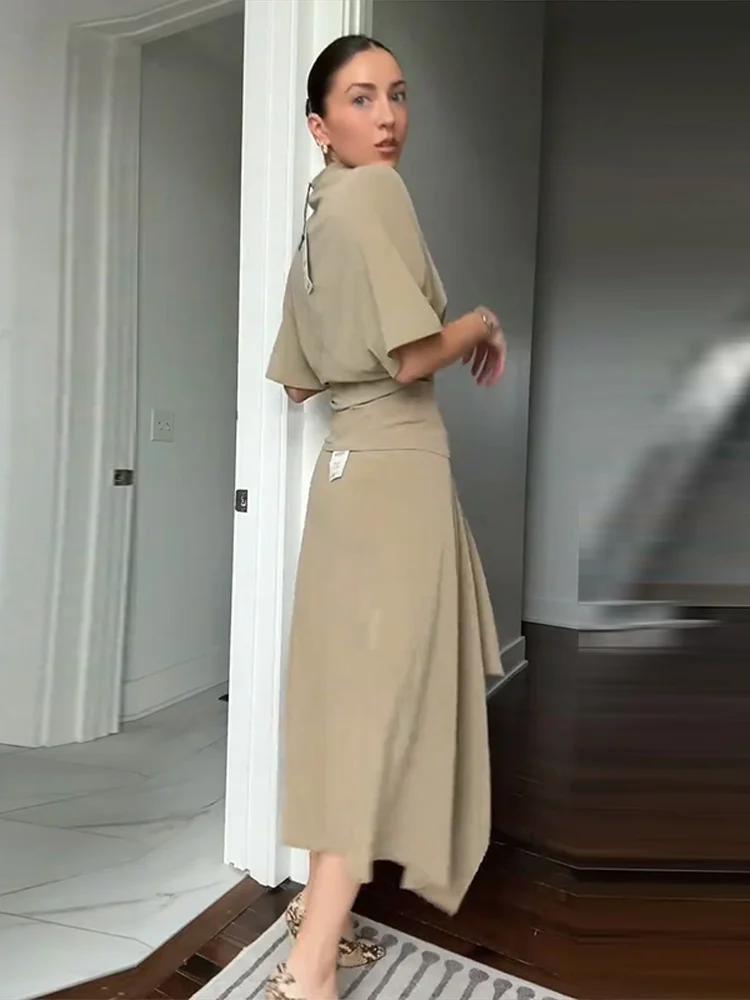 Ensemble élégant chemise asymétrique et jupe pour femme – Chemises unies à manches courtes et col ro