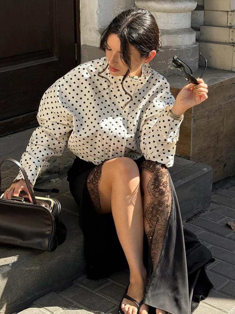 HH mode femmes à pois imprimé manteaux courts automne manches longues col roulé fermeture éclair ave