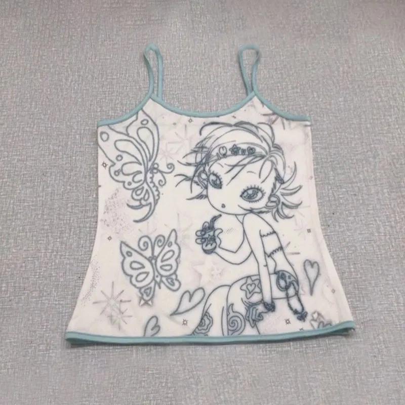 Karr233 Y2k Aesthetics Cami Top, Fairycore Anime Print Camisole, Kawaii Crop Top, Japanese Harajuku 