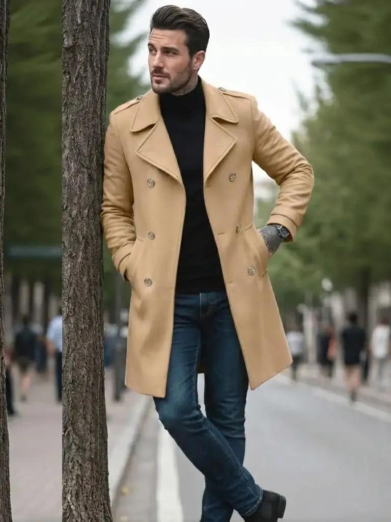 Veste-manteau à feuilles pour hommes début d'automne Plus laine épaisse, Double boutonnage décontrac