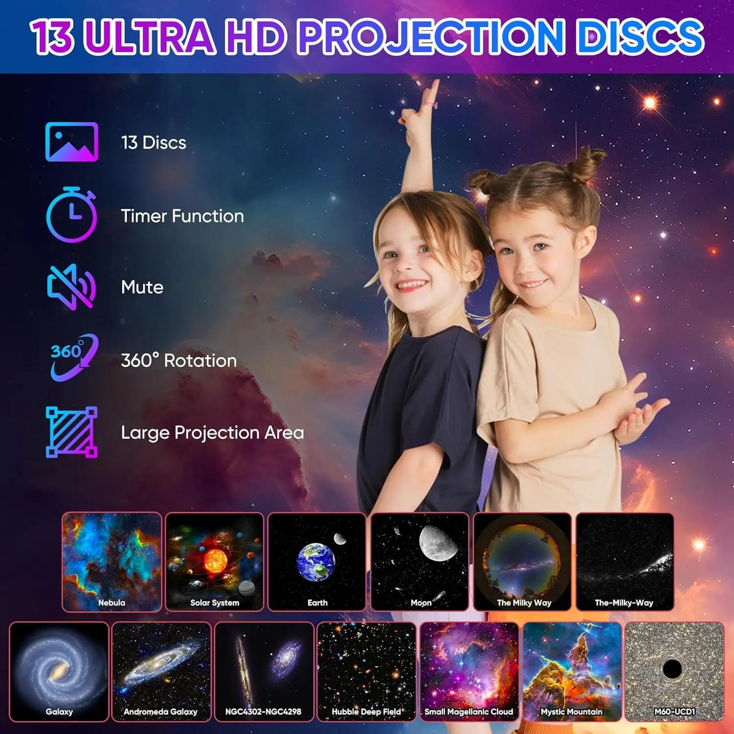 Projecteur d'étoiles Galaxy Ultral 13 en 1, zone d'image HD, veilleuse LED, 13 disques de film, 360 