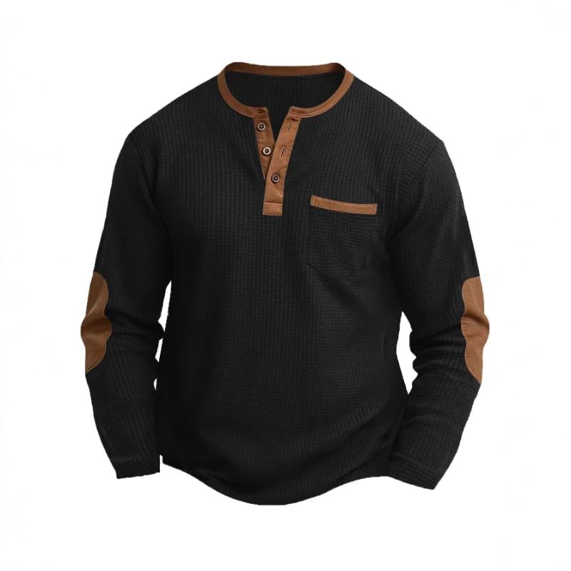 T-shirt Homme Nouvelle Collection Printemps-Automne en Coton Gaufré à Manches Longues et Col Henley 