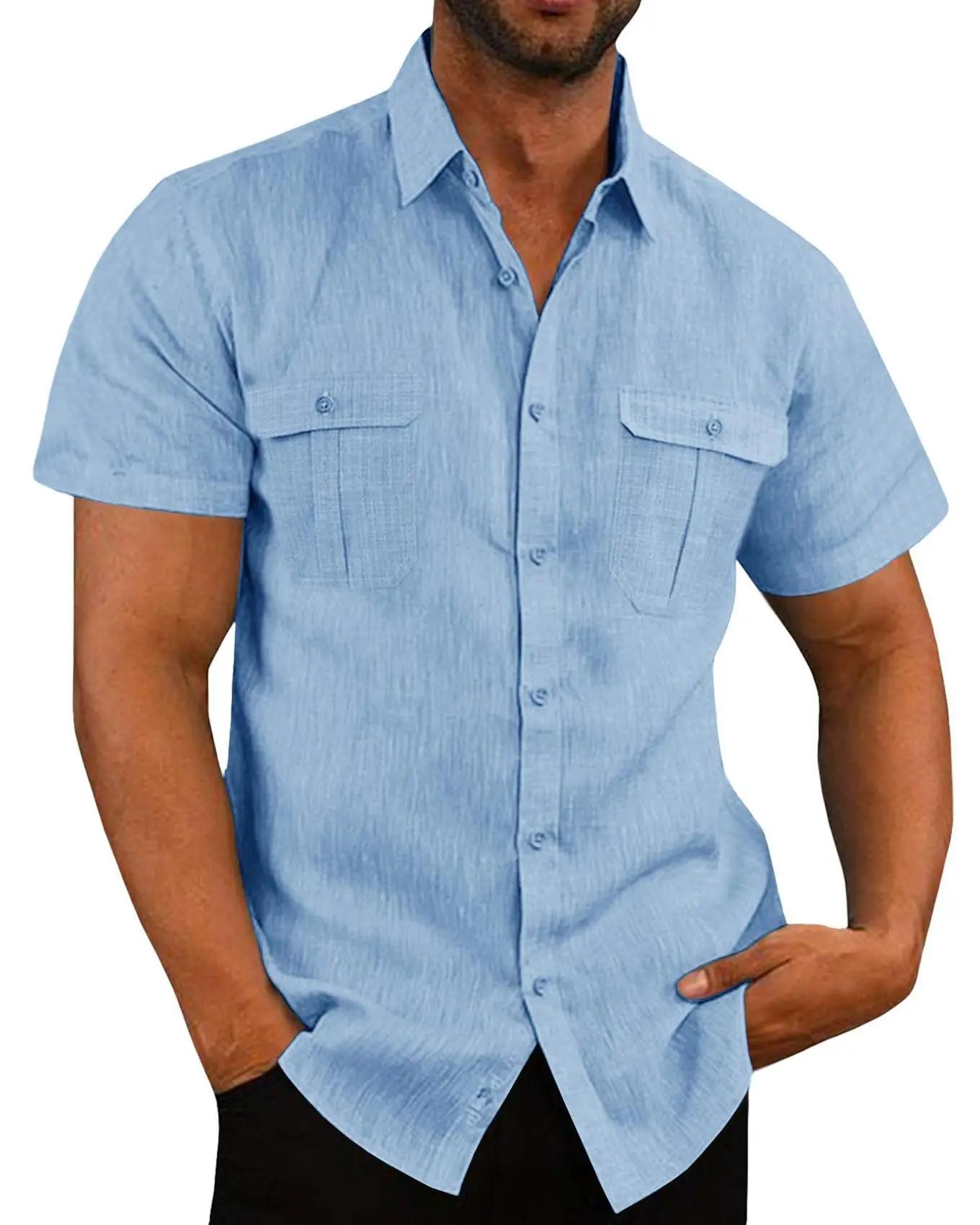Chemise en coton et lin pour hommes, avec poches, décontractée, plage, manches courtes, couleur unie