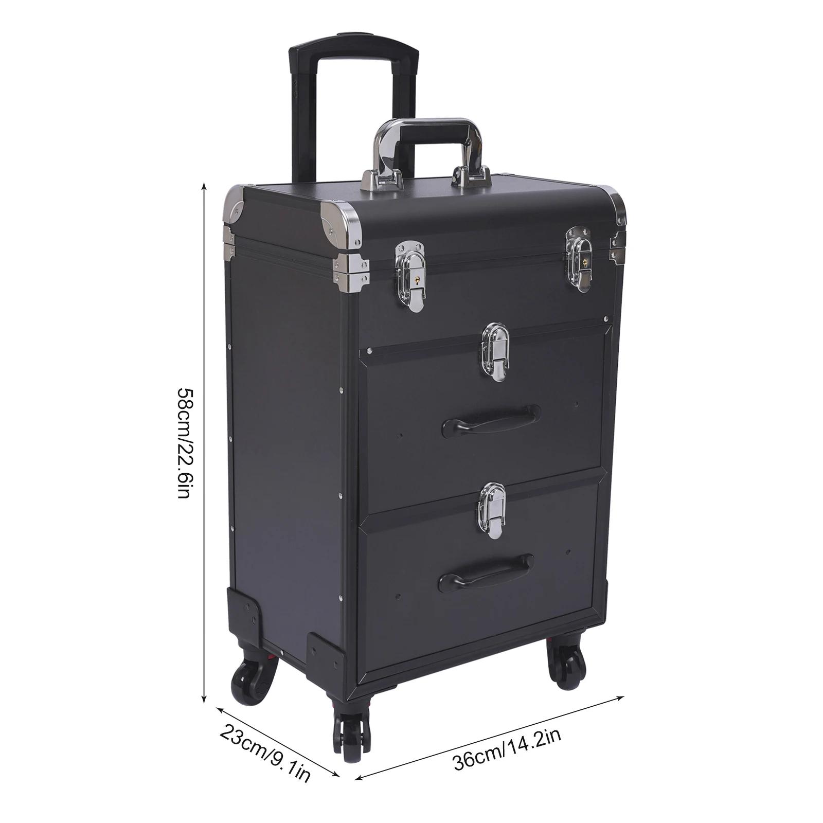 Valise à roulettes de maquillage à 3 niveaux, cadre en alliage d'aluminium, chariot cosmétique avec 