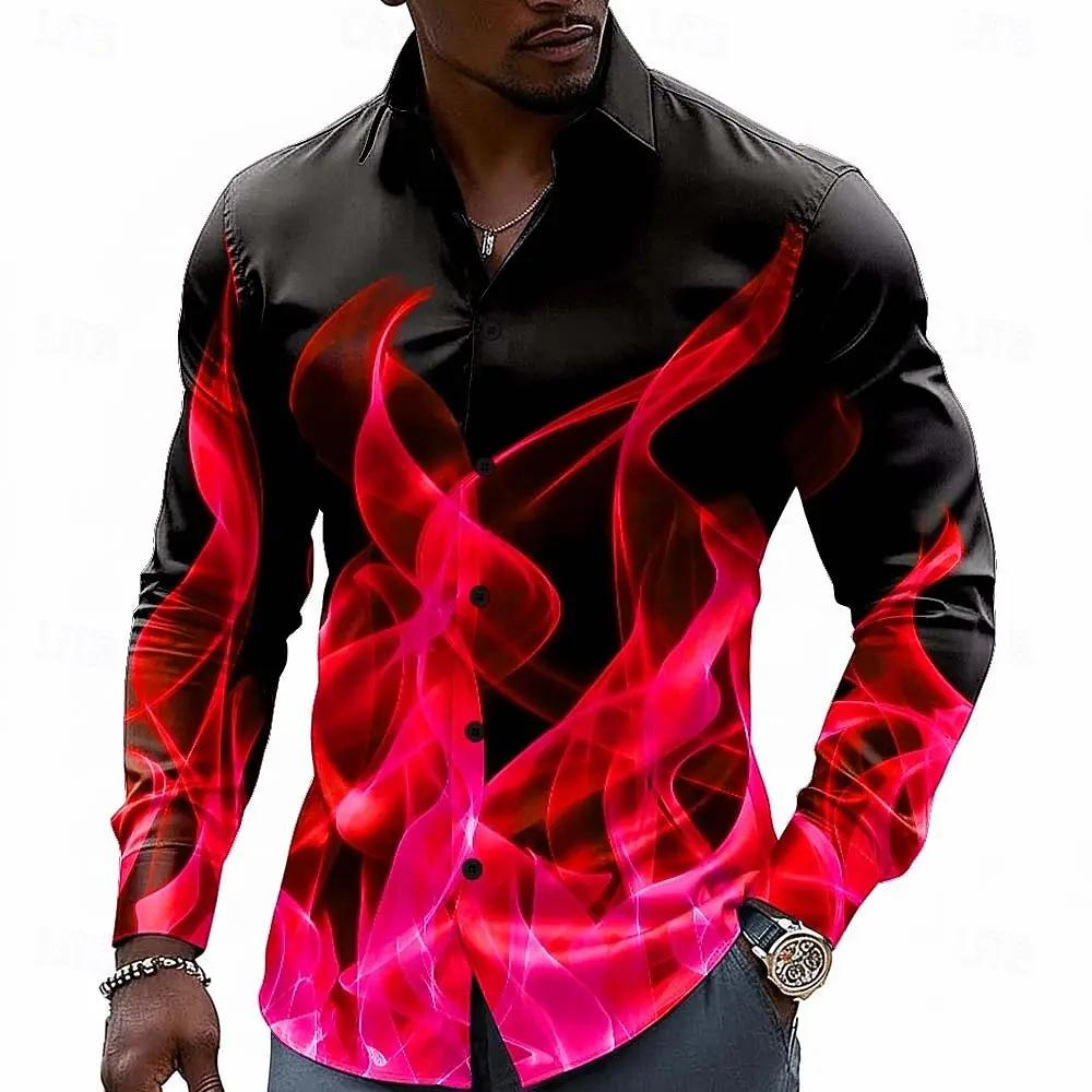 Chemise à boutons pour homme à effet d'illusion optique flamme néon, décontractée, à manches longues