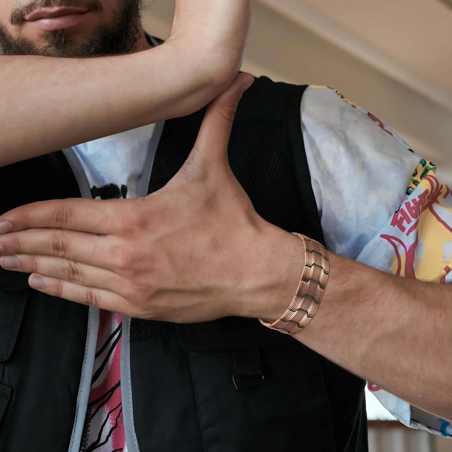 ARADOO Bracelet en cuivre pur pour hommes 3500 Gauss 3X Bracelets à maillons de thérapie magnétique 
