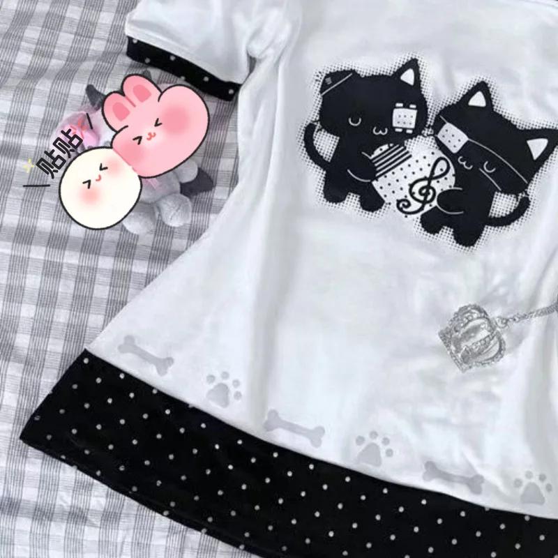T-shirt pour femme, imprimé à pois, style japonais, kawaii, dessin animé, ample, décontracté, contra