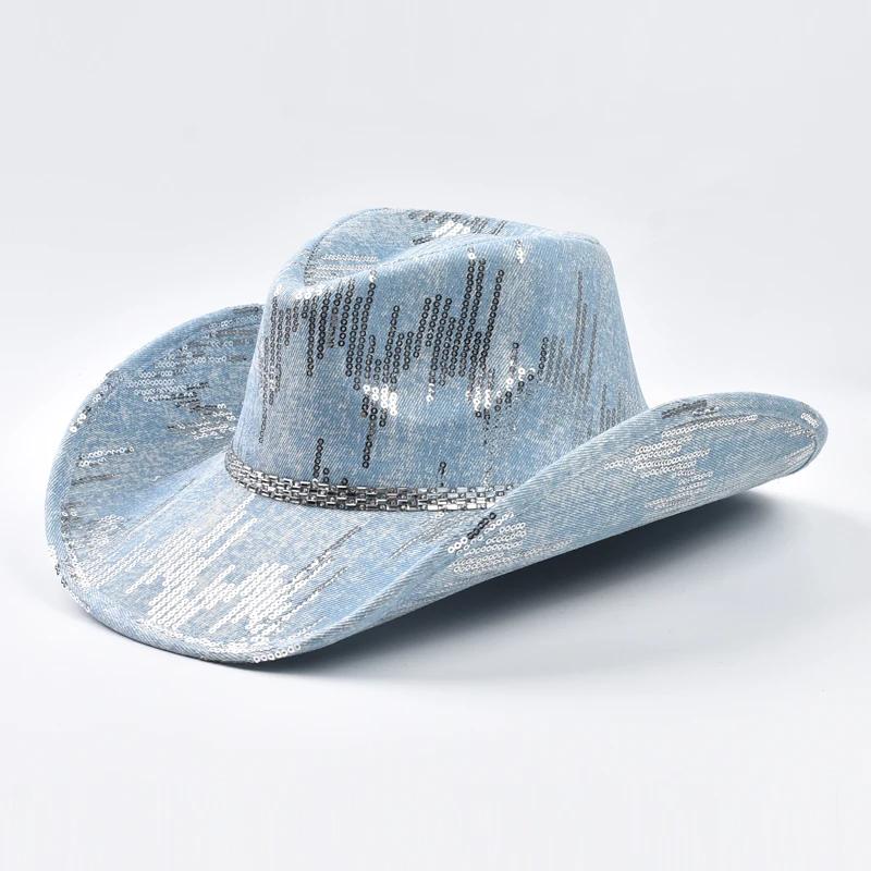 Chapeau de cowboy occidental en denim lavé, chapeau de jazz de cow-girl adapté aux vêtements décontr