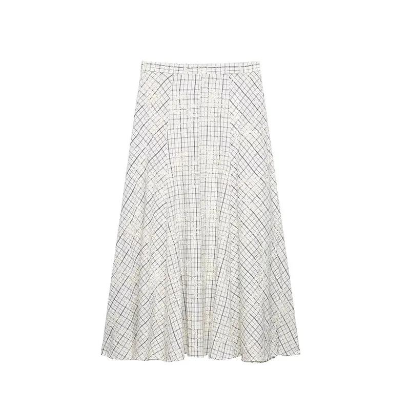 TFAFXY 2026 Ensemble d'été pour femme : Blouse brodée à carreaux avec nœud et jupe longue midi coupe