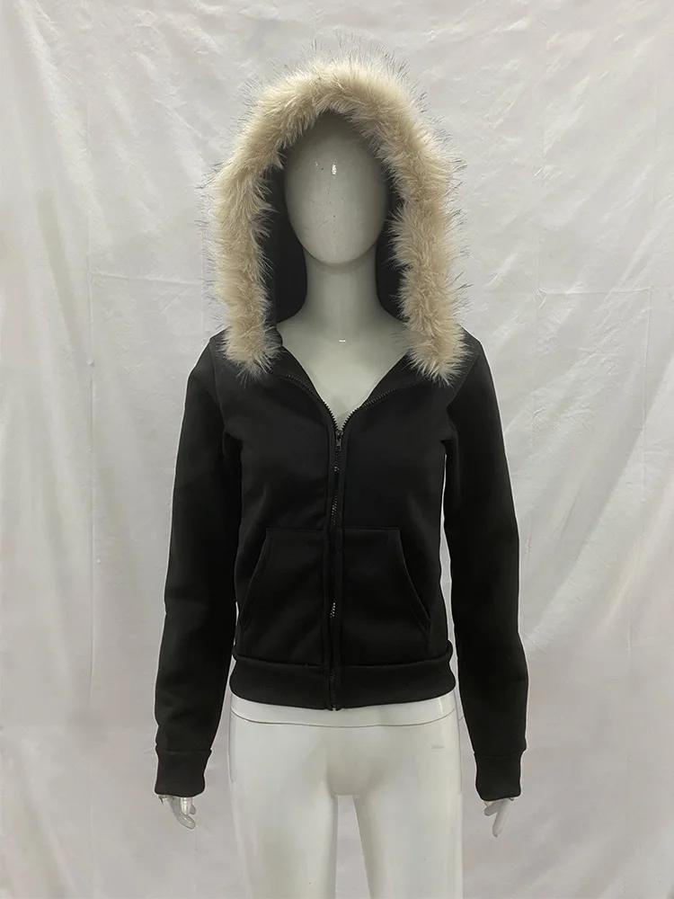 Y2K – sweat à capuche gothique Harajuku pour femmes, Sexy, Slim, Chic, col en fourrure en daim, lett