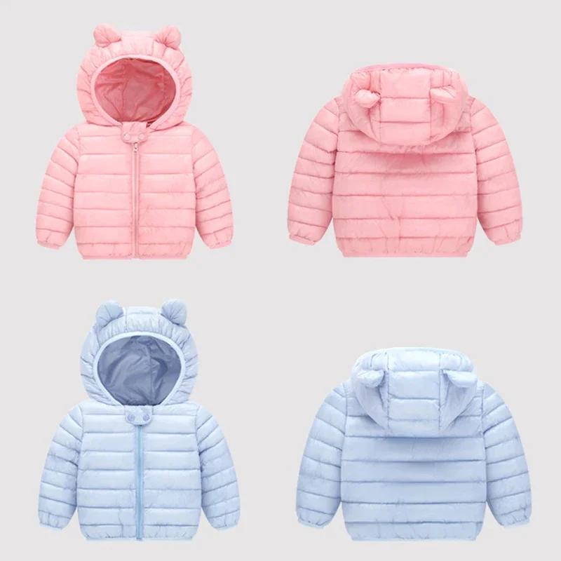 Mignon bébé filles vêtements d'hiver enfants légers vers le bas manteaux avec oreille à capuche prin
