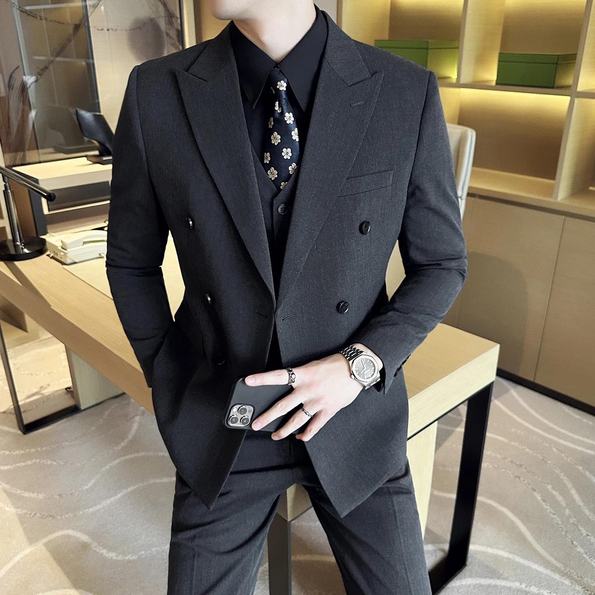 M-6XL Blazer GlaPants Marque haut de gamme Gris Noir Hommes d'affaires décontractés Double boutonnag