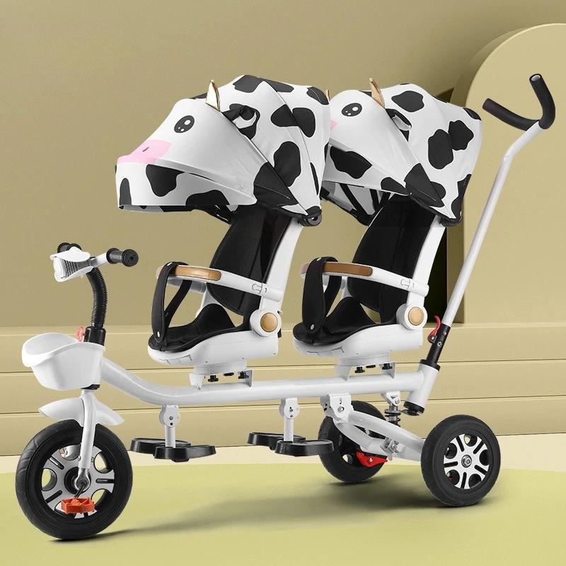 Tricycle pour enfants, poussette double, vélo à double siège avec siège inclinable, double direction