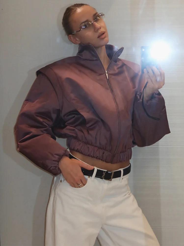 Nouvelle veste bomber en satin SLTNX pour femme, mauve, à manches bouffantes, courte, zippée, décont