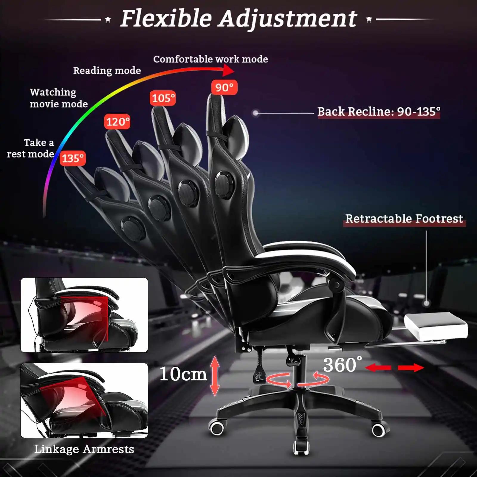 Chaise de jeu à 135 degrés, lumière RGB, chaise de bureau, haut-parleur Bluetooth, chaise d'ordinate
