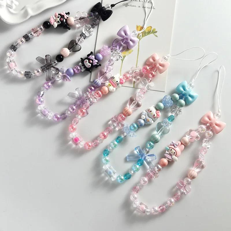 Porte-clés en acrylique Sanrio mignon, Hello Kitty, Kuromi, Cinnamorol, chaîne de main, sangle de té