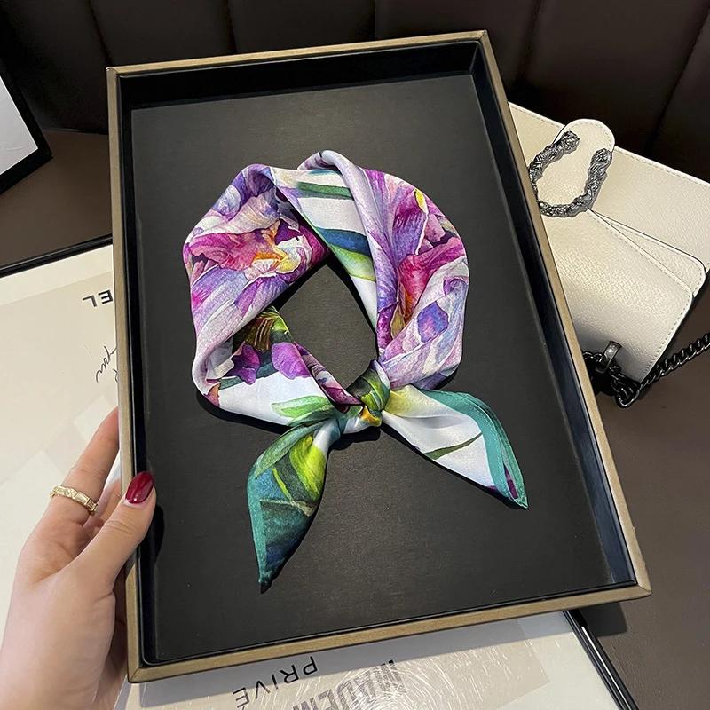 Foulard carré en soie véritable pour femmes, imprimé Floral, châle de luxe, Hijab, bandeau Bandana, 