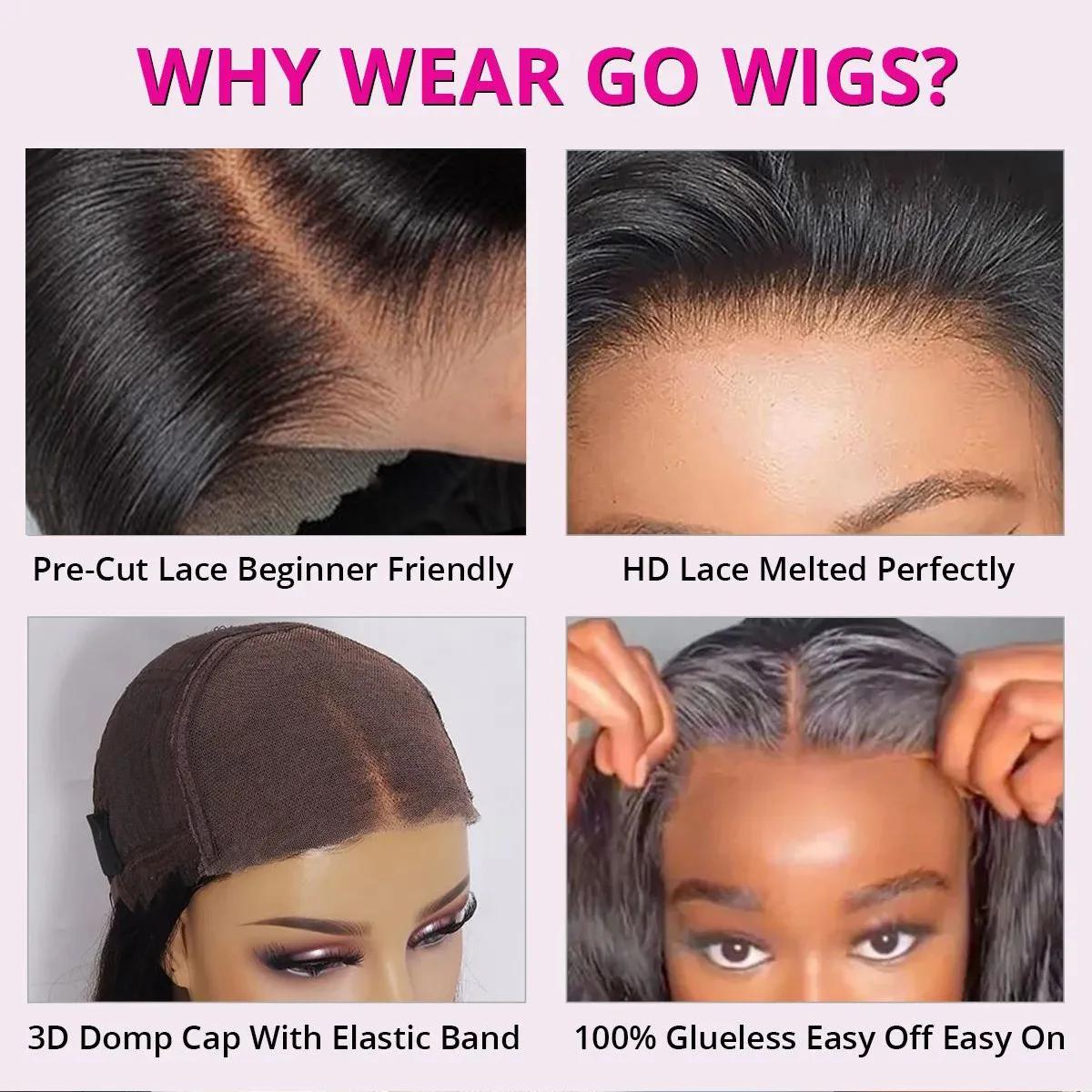 Wear matchs Go-Perruque droite sans colle avec fermeture en dentelle HD, délié pré-plumé, cheveux hu