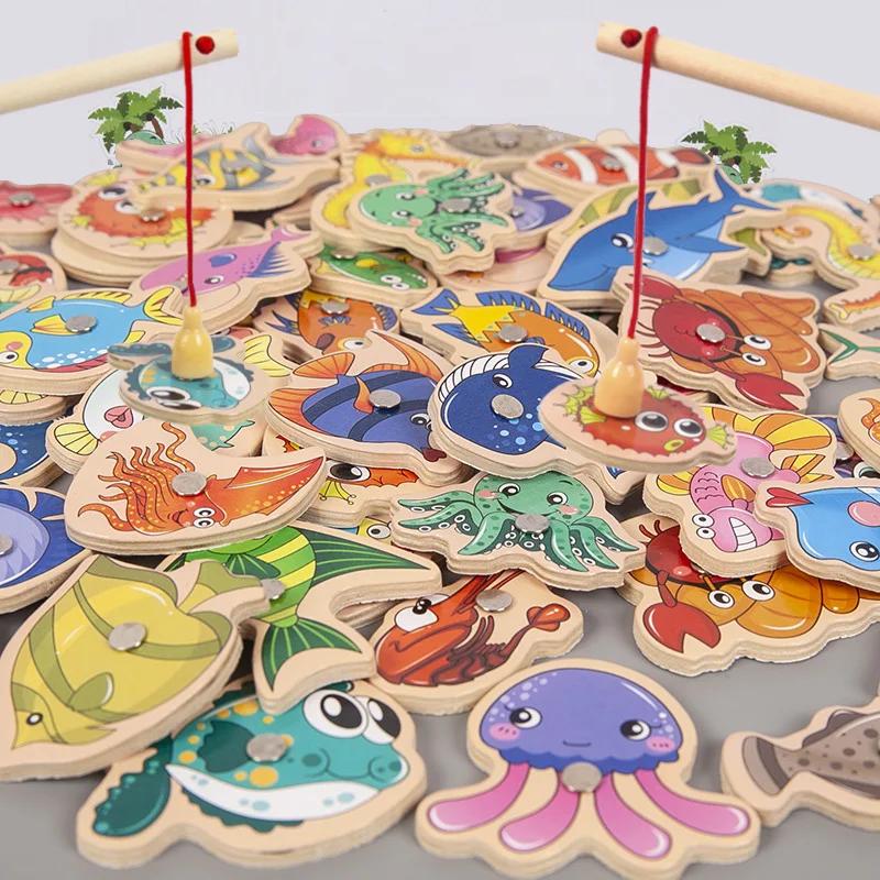 Jouets de pêche magnétiques, ensemble de jeu pour enfants, canne à pêche en bois de dessin animé Mon