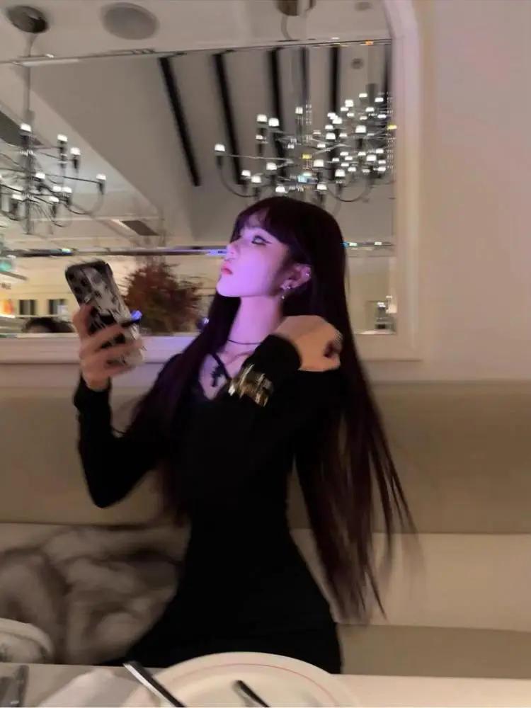 Seeslim noir Sexy dos évider femmes T-shirt Goth à manches longues mince 2000s vêtements Y2k t-shirt