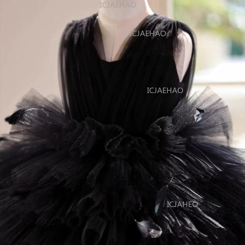 Robe de princesse noire pour filles, tenue de performance au piano, robe de soirée, tenue de cérémon