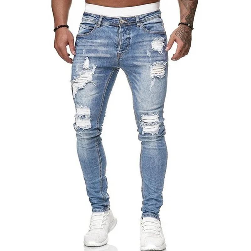Mode Street Style déchiré Skinny Jeans hommes Vintage lavage solide Denim pantalon hommes décontract