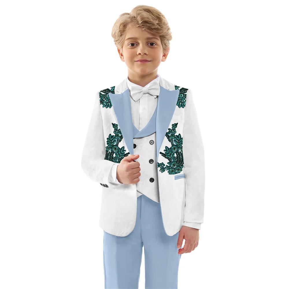 Costumes Jacquard pour garçons, 4 pièces, tenue porteur d'anneau de mariage, ensemble de costume exq