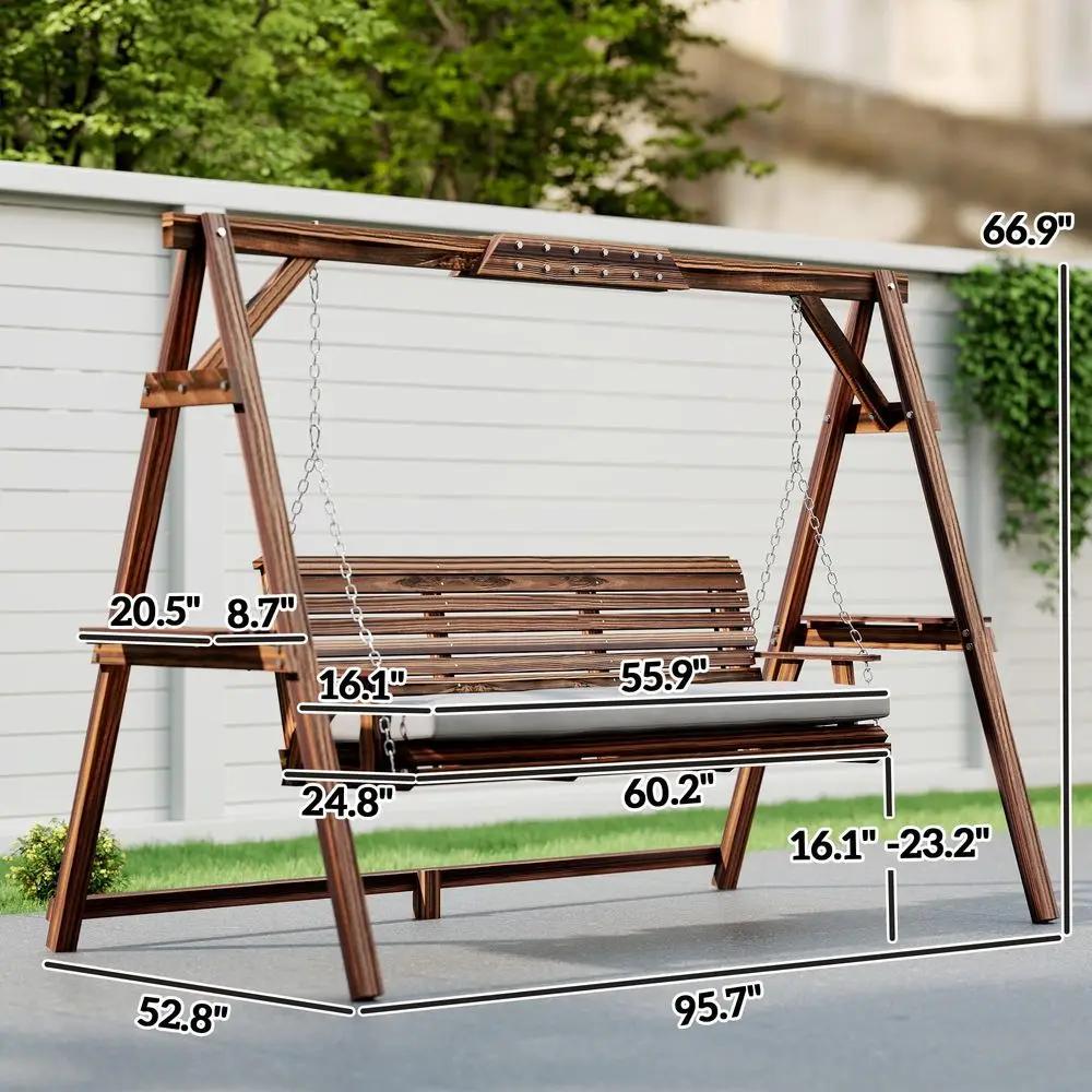 Balançoire de véranda 3 places avec support, chaise de patio en bois avec coussin, plateaux latéraux