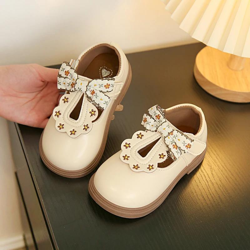 Chaussures en cuir avec nœud mignon pour filles, Oxfords à lanières en T, souples, pour enfants d'éc