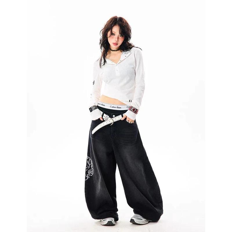 YIBASHU femmes Vintage broderie Y2K Baggy jean femme taille haute 2000s jambe large Denim pantalon a