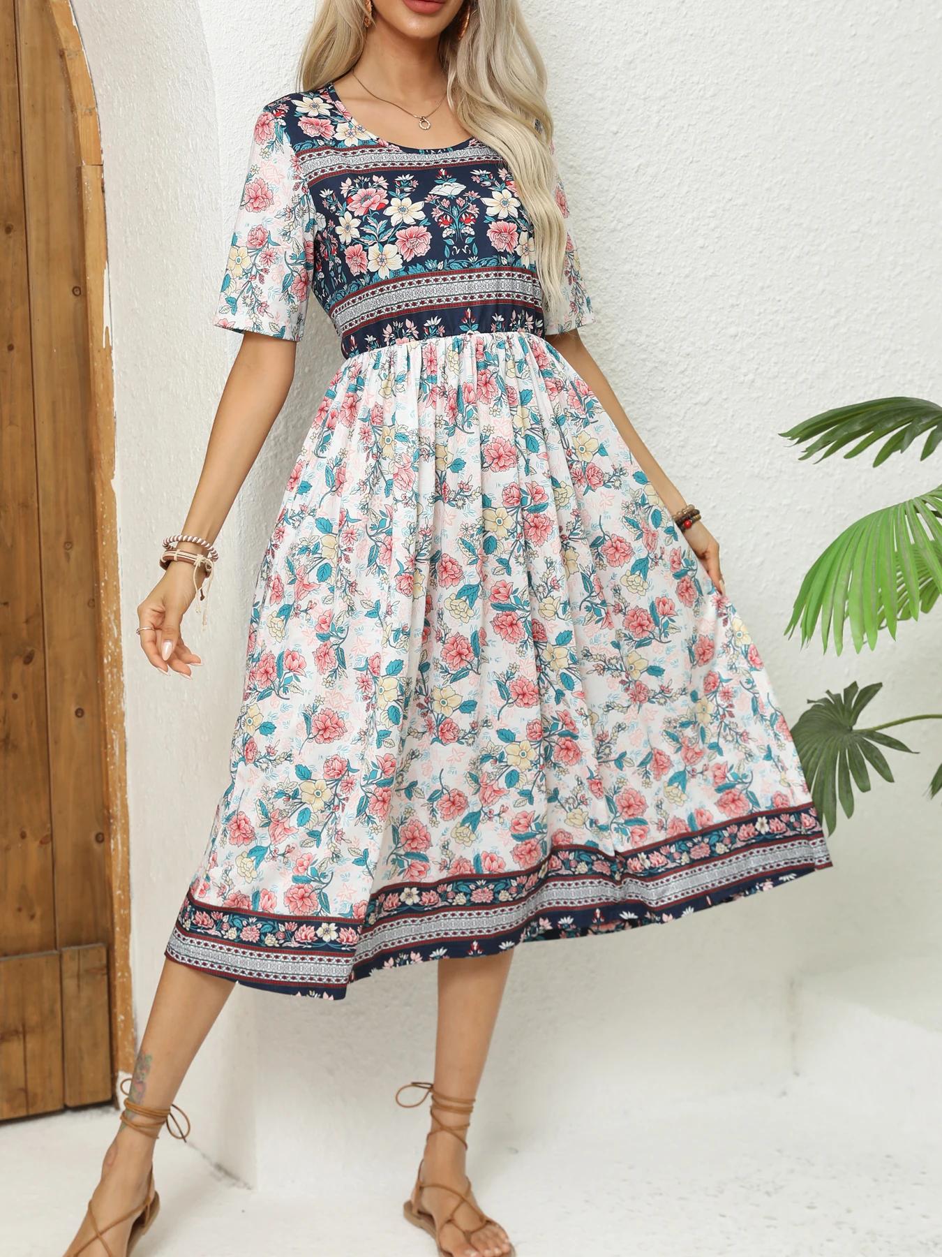 Robe imprimée bohème à manches courtes et col rond pour femmes, jupe longue pour dames, Europe et Am