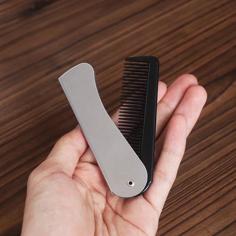 Peigne de poche pliable antistatique en acier pour hommes, tête d'huile, peigne à barbe Portable, ou