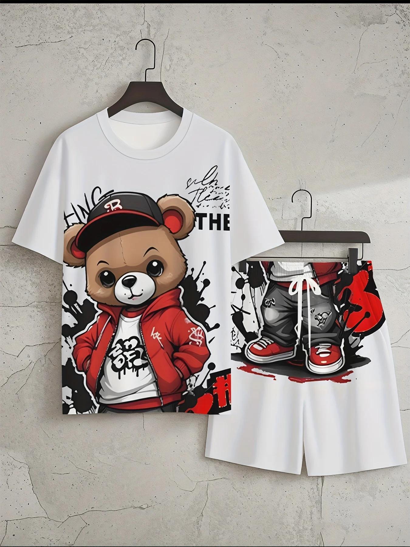 Ensemble T-shirt et short à col rond pour hommes, nouvelle mode d'été imprimé ours en peluche, doux 